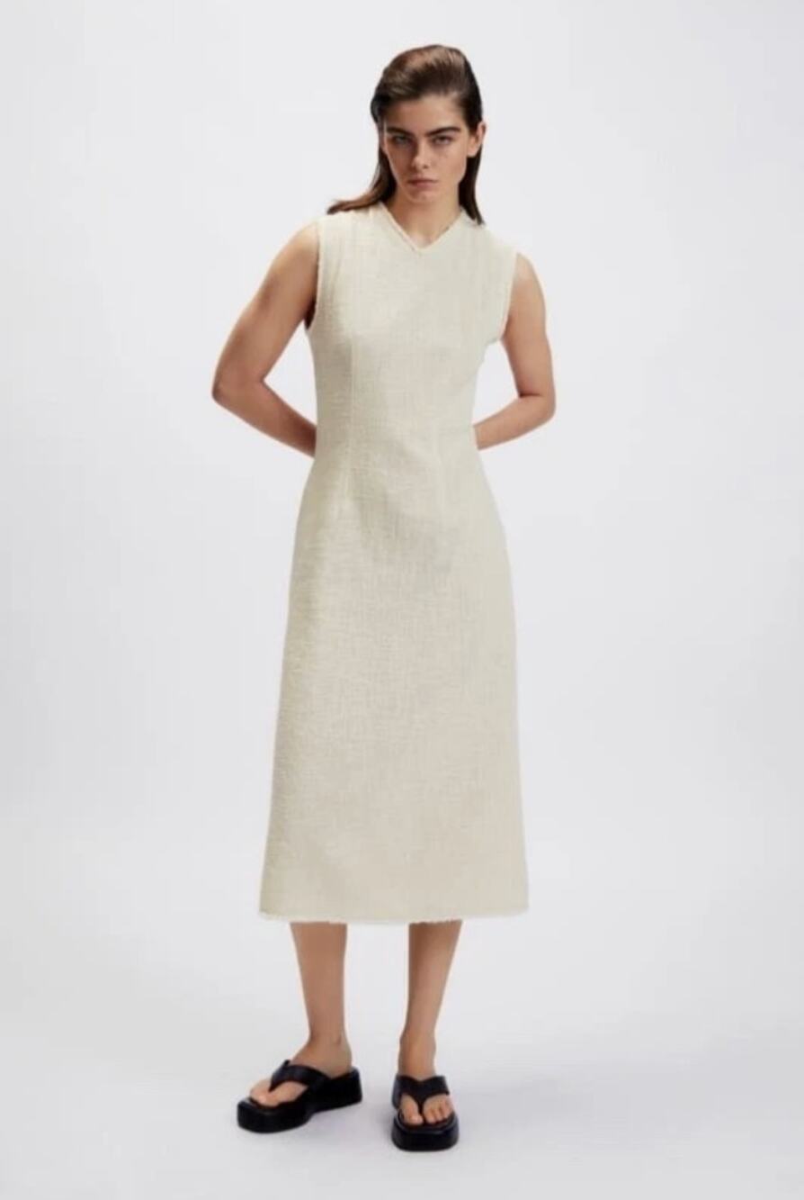 Zara Dress Womens S Cream Tweed Cotton Sleeveless V-neck A-line Midi
